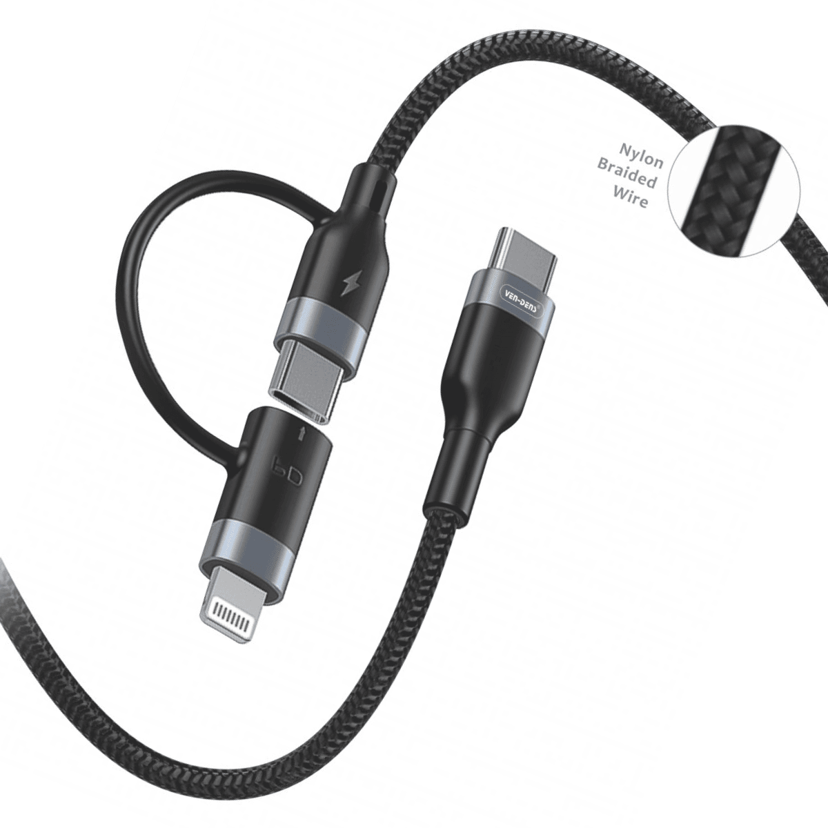 2-in-1 USB-C to USB-C + Lightning Cable (20W PD, Braided, 1m, Black) | iOS & Android | VD-P2 - Main view