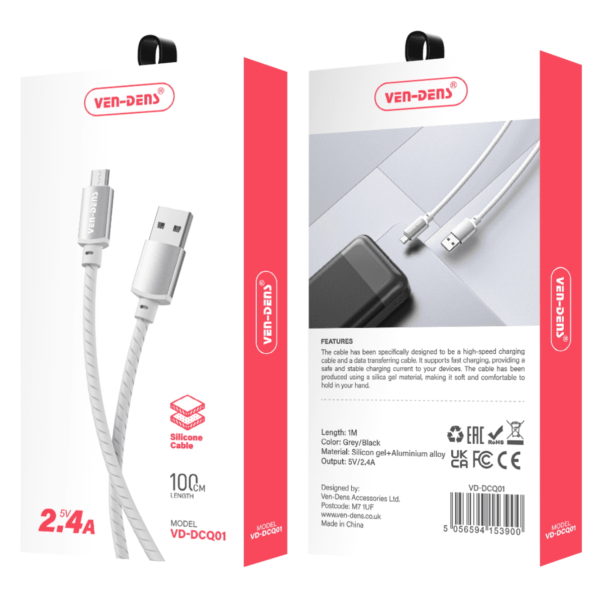 2.4A 5V Durable Silicone USB A to Micro USB Charging Cable | Anti-Knot, Safe & Reliable | VD-DCQ01 - Main view