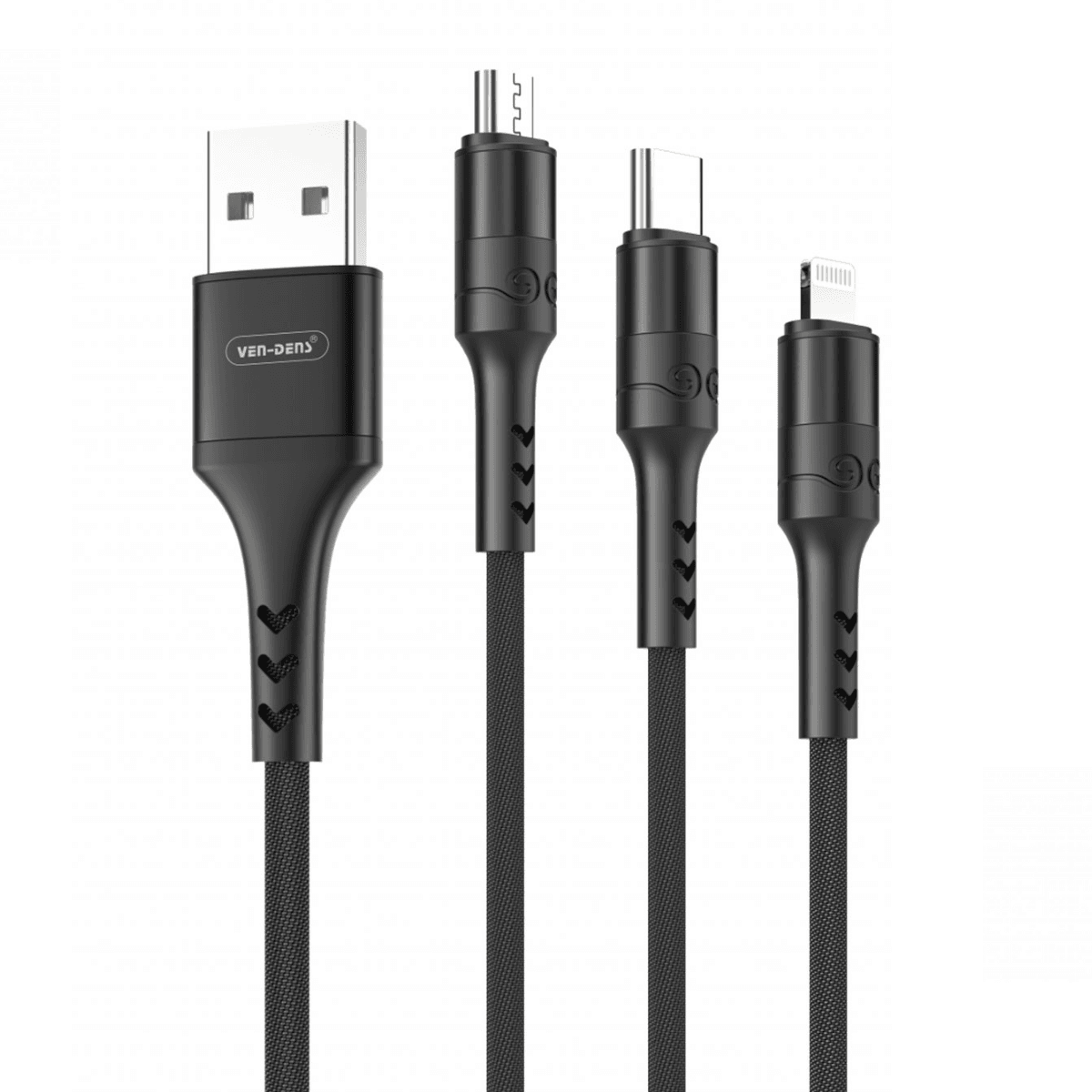 3-in-1 USB to Type-C, Lightning, and Micro Charging Cable (Black, 1.2 Metre) – Fast, Durable & Multi-Functional | VD-DC002 - Main view