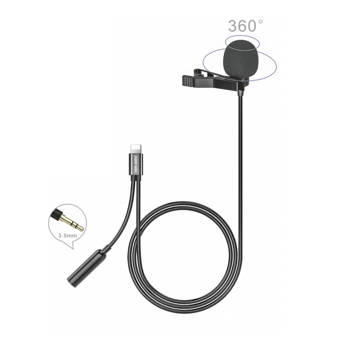 2 in 1 Lavalier Microphone to Lightning & 3.5mm Splitter – High-Quality Clip-On Mic for Clear Audio Recording | VD-LM205 - Main view